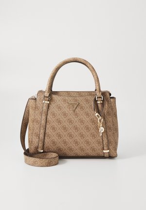 Borsa a tracolla marrone con motivo, dotata di dettagli in oro, manici doppi e una tracolla rimovibile. Chiusura a zip con dettagli del logo.