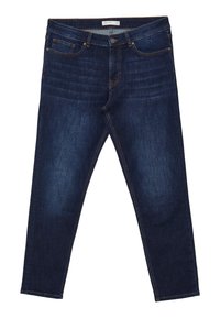 Jeans in denim blu scuro con vestibilità slim, cinque tasche, cuciture di un marrone chiaro a contrasto e design con gamba dritta.