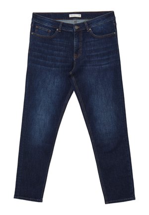 Dunkelblaue Denim-Jeans mit schmaler Passform, fünf Taschen, kontrastierenden hellbraunen Nähten und geradem Bein.