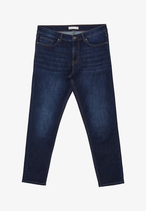 Jeans in denim blu scuro con vestibilità slim, cinque tasche, cuciture di un marrone chiaro a contrasto e design con gamba dritta.