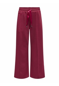 Pantaloni della tuta bordeaux con vita regolabile tramite un cordoncino, design a gamba larga e superficie liscia. Senza tasche o loghi visibili.