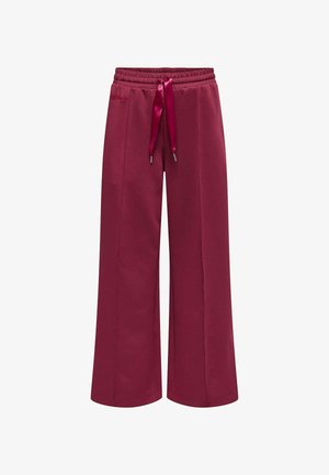 Pantaloni della tuta bordeaux con vita regolabile tramite un cordoncino, design a gamba larga e superficie liscia. Senza tasche o loghi visibili.