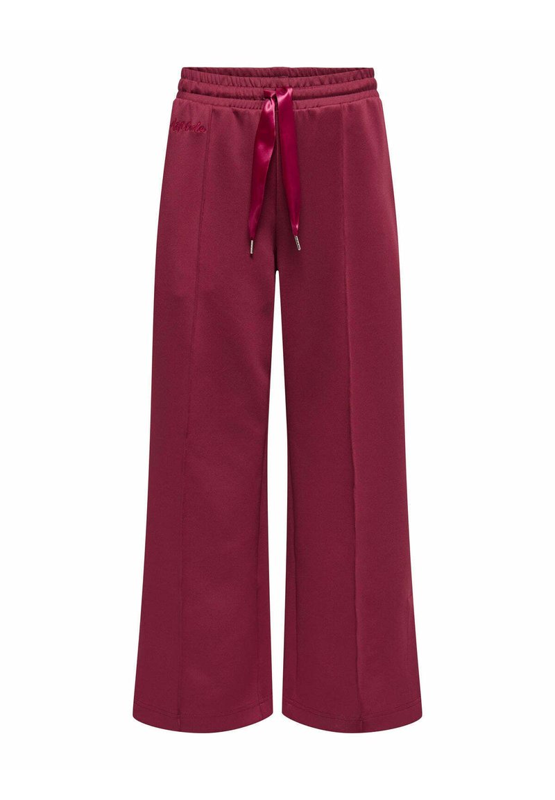 Pantaloni della tuta bordeaux con vita regolabile tramite un cordoncino, design a gamba larga e superficie liscia. Senza tasche o loghi visibili.