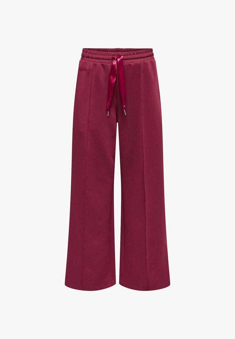 Pantaloni della tuta bordeaux con vita regolabile tramite un cordoncino, design a gamba larga e superficie liscia. Senza tasche o loghi visibili.