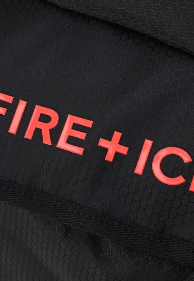 Black fabric featuring a hexagonal pattern, with bold red text reading "FIRE + ICE" integrated into the design. Textured surface detail prominent.