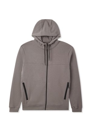 Felpa grigia chiara con zip frontale, cappuccio regolabile con cordino e tasche con zip nere. Tessuto morbido con vestibilità comoda e polsini a coste.