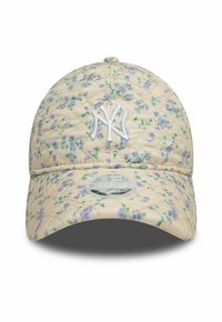 Beige steppcap mit einem floralen Muster in Lila und Grün, ausgestattet mit einem weißen gestickten NY-Logo und einem gebogenen Schirm.