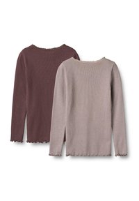 Dvé pletené dlouhé rukávy v tlumené mauve a světlé taupe, se zvlněnými okraji na manžetách, spodním okraji a výstřihu, ležící ploché s lícem dolů.