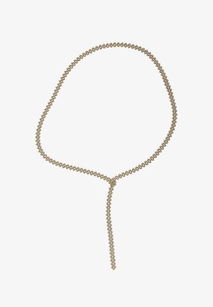 Złoty naszyjnik z koralików z kształtem w kształcie litery Y na białym tle, z małymi połączonymi kulistymi koralikami.