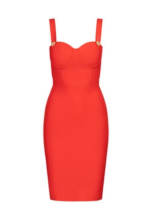 Robe rouge ajustée avec décolleté en cœur, corsage structuré et fines bretelles. Comprend des plis horizontaux et des accents en métal doré.
