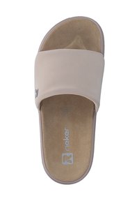 Sandale à glissière beige clair avec une tige synthétique lisse, une semelle intérieure semblable au daim et un logo discret sur le côté. Design à semelle plate.