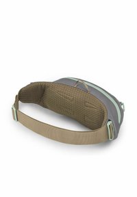 Riñonera gris y marrón con interior texturizado, doble cremallera y correa ajustable. Presenta detalles en azul claro y un diseño ergonómico.