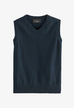 Jūras spēku tumši zilas krāsas bez piedurknēm adītas džemperis ar V veida kakla izgriezumu, ar ribotām detaļām ap kakla izgriezumu un apakšmalu, izgatavots no mīksta, teksturēta auduma.