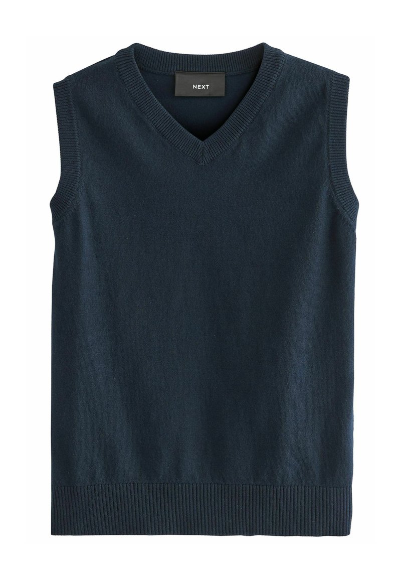 Maglione senza maniche di colore blu navy con scollatura a V, caratterizzato da dettagli a costine sul colletto e sull'orlo, realizzato in un tessuto morbido e testurizzato.