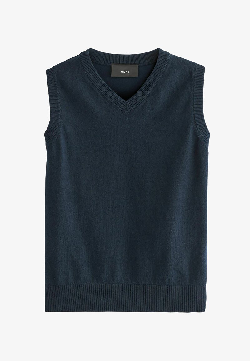 Tumesinine ilma varrukateta kootud kampsun V-kaelusega, millel on soonikdetailid kaela- ja äärisel, valmistatud pehmest ja tekstureeritud kangast.