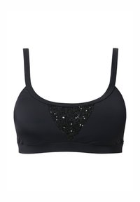Bralette nera con un pannello triangolare di paillettes sul davanti, spalline sottili e un tessuto liscio e elasticizzato.