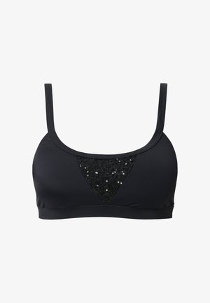 Schwarzer Bralette mit einem dreieckigen, mit Pailletten besetzten Panel vorne, dünnen Trägern und einem glatten, elastischen Stoff.