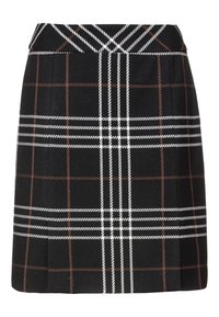 Mustat ruudulliset hameet, joissa on valkoisia ja ruskeita viivoja, näyttävä muotoilu ja teksturoitu kangas. Lyhyt pituus ja räätälöity vyötärö.