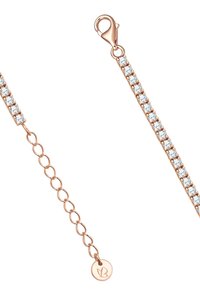 Armband aus Roségold mit klaren Edelsteinakzenten. Sie verfügt über einen sicheren Karabinerverschluss und ein kleines Anhängerdetail am Ende.