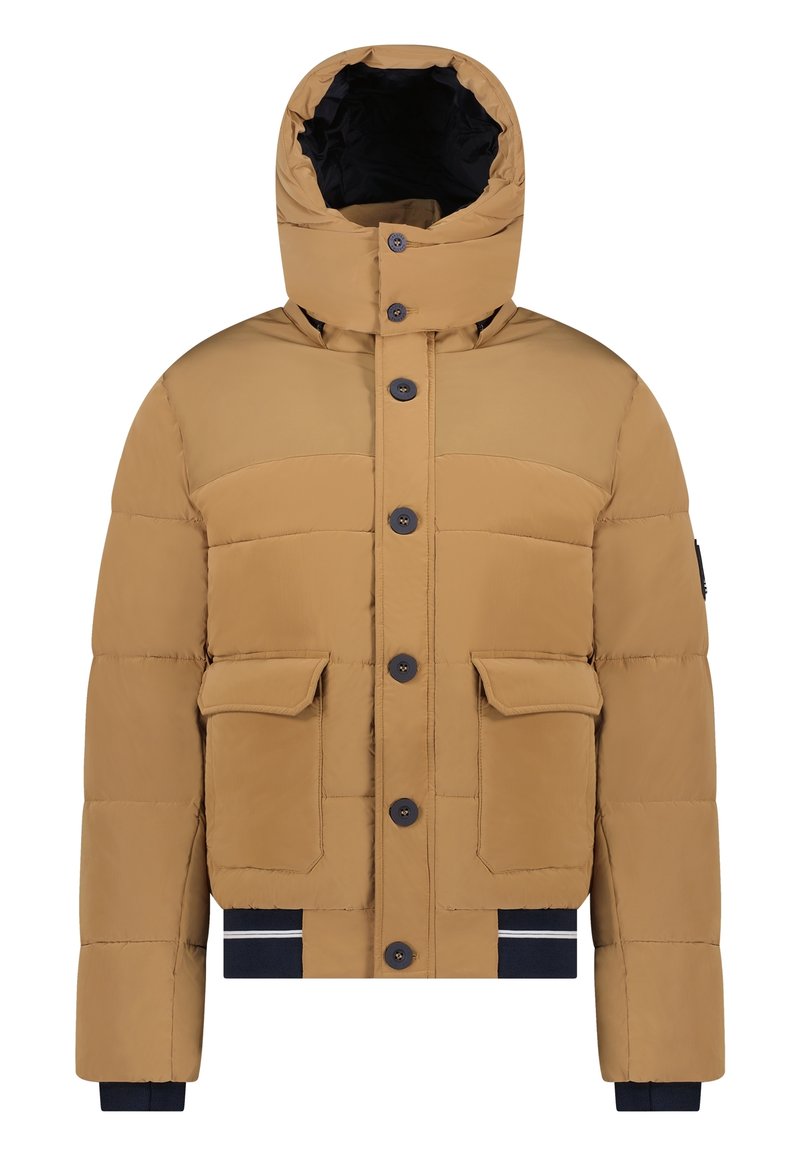 Chaqueta acolchada beige con cierre de cremallera y botón, que cuenta con dos bolsillos frontales, puños acanalados y una capucha desmontable.