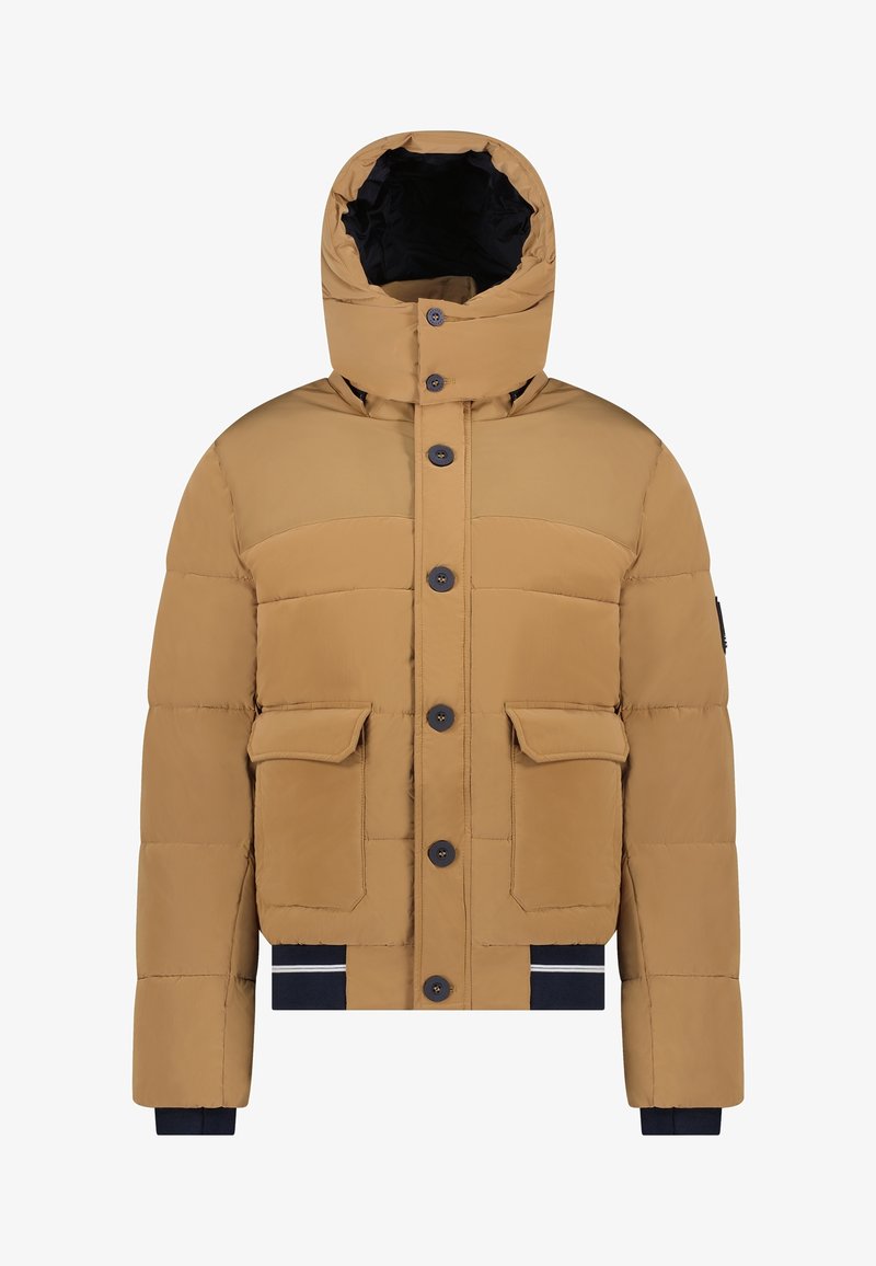 Chaqueta acolchada beige con cierre de cremallera y botón, que cuenta con dos bolsillos frontales, puños acanalados y una capucha desmontable.