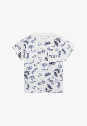 White short-sleeve t-shirt featuring blue print of sunglasses, palm trees, and geometric shapes. Includes a front pocket with branding detail.