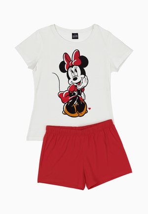 White short-sleeve top with Minnie Mouse wearing red bow and dress, paired with solid red elastic waist shorts.