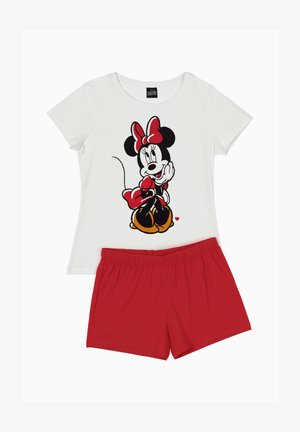 Maglietta bianca a maniche corte con Minnie Mouse che indossa un fiocco rosso e un vestito, abbinata a pantaloncini rossi a vita elasticizzata.