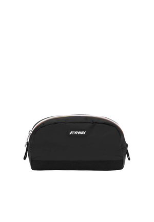 Pouch in tessuto nero con zip e patch con logo K-Way centrato sul davanti, parte superiore arrotondata e tiralampo su entrambe le estremità della zip.