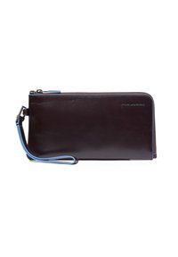 Brown leather wallet with a blue accent zipper and wrist strap. Smooth texture, rectangular shape, and logo on the side. Zipper closure.