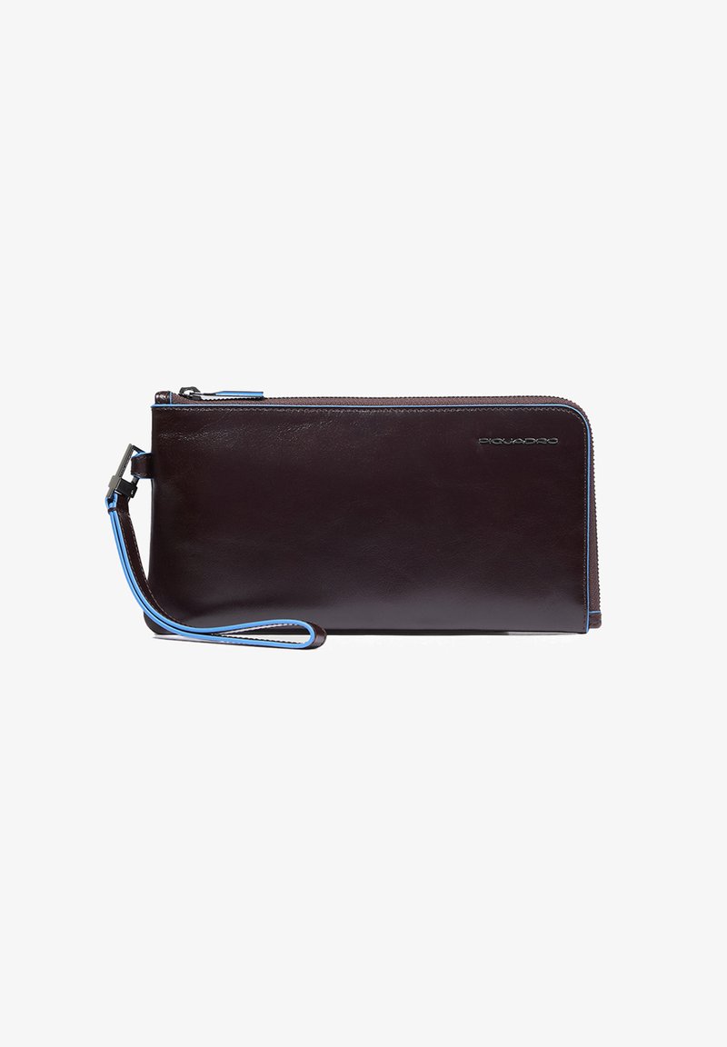 Brown leather wallet with a blue accent zipper and wrist strap. Smooth texture, rectangular shape, and logo on the side. Zipper closure.