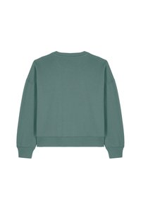 Groene sweatshirt, gemengd katoen, relaxed fit, drop shoulder ontwerp, ribgebreide manchetten en zoom, gladde textuur, effen kleur, geen patronen.