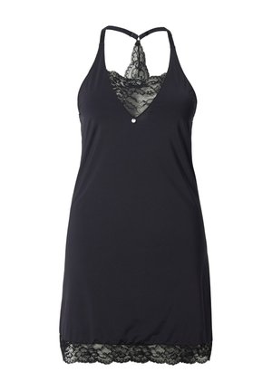 Nuisette noire avec des bordures en dentelle au niveau de l'encolure et de l'ourlet, des bretelles réglables, et un design en V avec un joli détail de bouton.