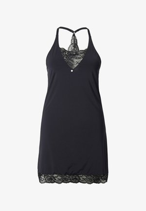 Vestaglia nera con pizzo decorativo sul collo e sull'orlo, spalline regolabili e design a V con dettaglio di bottone decorativo.