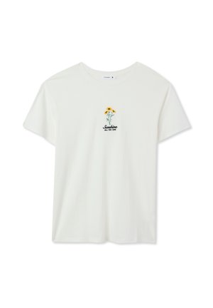 T-shirt bianca in cotone con maniche corte. Grafica centrata di fiori gialli con steli verdi e testo nero che recita "Sunshine All the Time."