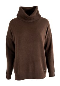 Maglione a maglia marrone con un alto colletto a coste. Vestibilità oversize con maniche ampie e orlo a coste. Piccolo logo accentato vicino al lato inferiore sinistro.