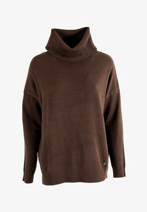 Suéter marrón de punto con un cuello alto acanalado. Corte holgado con mangas anchas y dobladillo acanalado. Pequeño logo en la parte inferior izquierda.