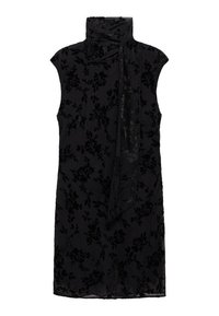 Sleeveless black dress with high neck and floral velvet pattern, featuring an attached long scarf hanging down the front.