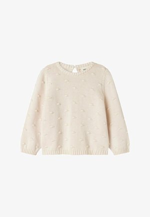 Hellcremefarbener Pullover mit rundem Ausschnitt, langen Ärmeln und strukturierten Bommeldetails. Verfügt über eine Schlitzverschluss am Rücken. Gestrickter Stoff.