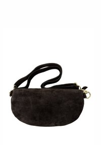 Brązowa torebka na ramię z zamszu o zaokrąglonym kształcie, z pojedynczym paskiem i złotymi akcentami metalowymi. Posiada zamek błyskawiczny i gładką fakturę.