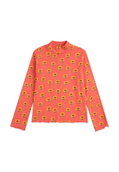 Top de cuello alto de manga larga en color coral, confeccionado en tela acanalada, con un patrón de girasoles en tonos amarillos y verdes. Detalle de dobladillo con ondas.