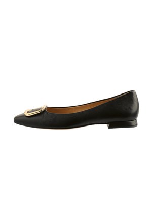 Black leather ballet flat with rounded toe, featuring a gold-toned buckle detail at the front and a small, low heel.