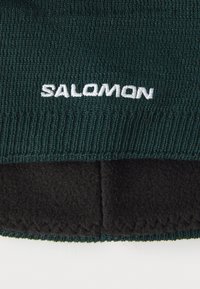 Isteknuta zelena traka za glavu s crnim fluffy oblogom, koja ima bijeli logo "SALOMON". Dizajn uključuje tkanu teksturu i šiveni rub.