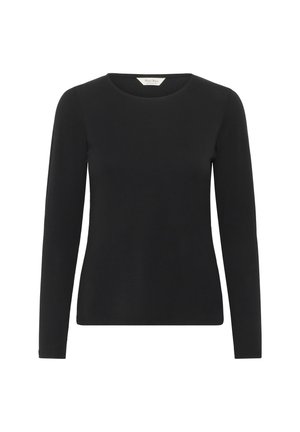 Črna dolgosleeve majica z okroglim izrezom. Narejena iz gladkega materiala, ima prilagojeno silhueto in preprost dizajn brez okrasitev.