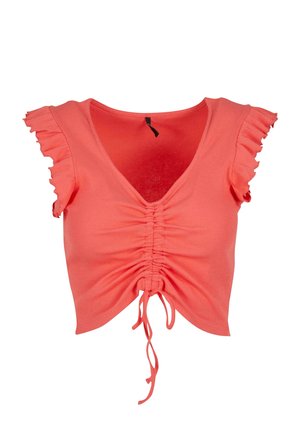 Top corto corallo realizzato in tessuto a coste, con scollatura a V, maniche a volant e dettaglio con laccetto regolabile sulla parte anteriore.