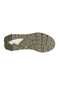 Gummiskosula i olivgrön med distinkt mönster, med ett texturerat område och en präglad logotyp på sidan.