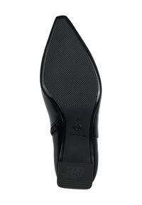 Suola di scarpa nera in pelle con tacco alto, texture rigata, forma a punta e dettaglio di marca. Taglia 37 contrassegnata sul lato interno.