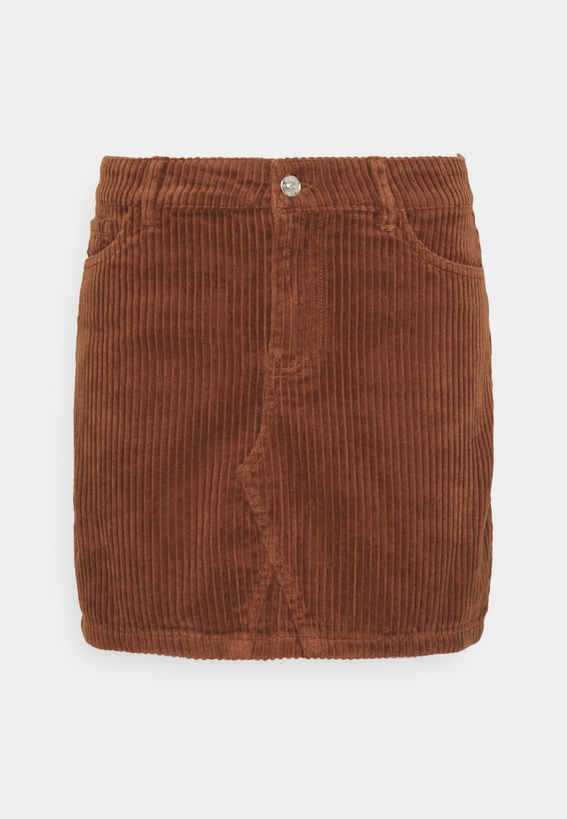 Bruine ribfluwelen mini-jurk met verticale ribstructuur, twee zijzakken, een knoopsluiting aan de voorkant en een aansluitend ontwerp.
