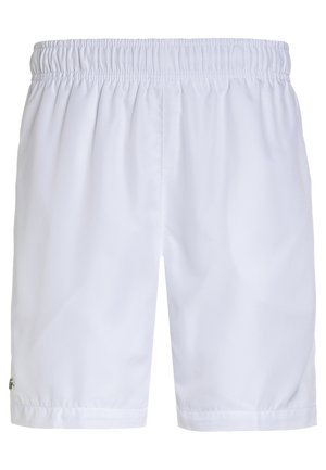 Short de sport blanc à taille élastique avec un design simple et un petit logo près de l'ourlet inférieur sur la jambe gauche.
