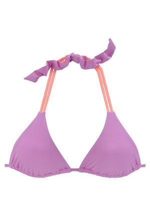 Paarse bikini-top met driehoekige cups, ruches aan de randen en gevlochten roze banden, vastgeknoopt in de nek met bijpassende stof.